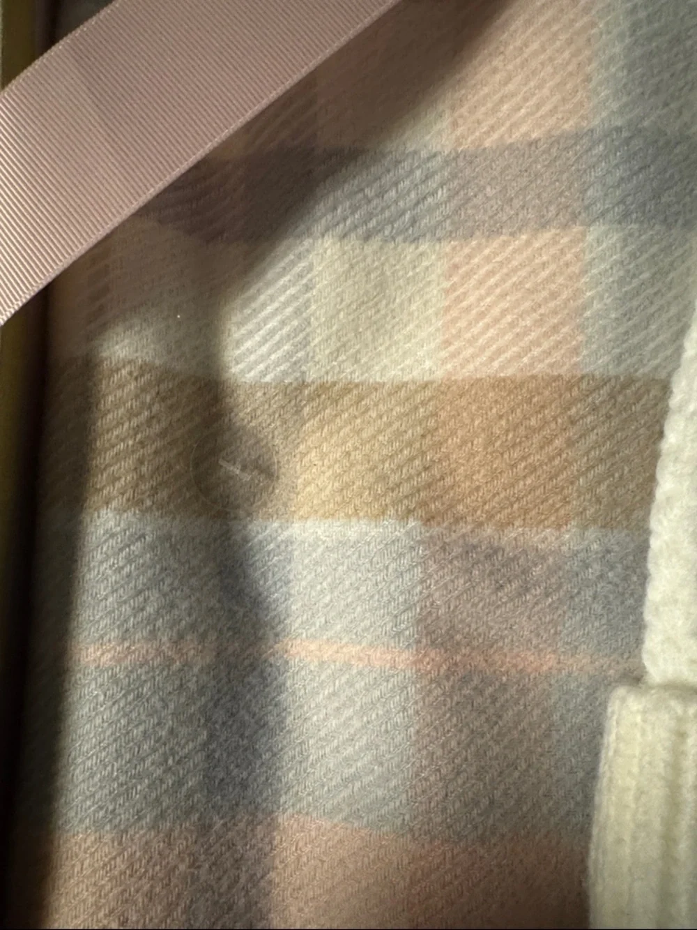 Vince Camuto White Beanie and Pastel Plaid Scarf Set